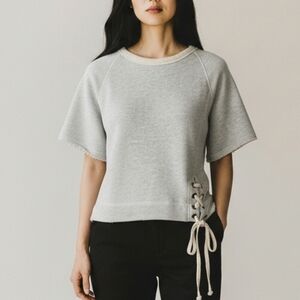 Lilla P Sweater Lace Up Top Minimalist Sweatshirt Knit Top Grey Beige XSmall